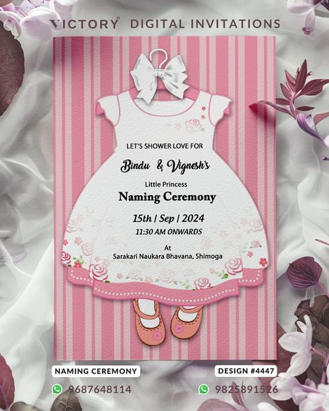 Order Now: Call / WhatsApp: +91 9687648114 / +91 9825891526 Baby Naming ceremony invitation card in english language with baw, girl shoes as minimalistic theme design 4447 The minimalistic Theme of Naming ceremony digital invitation card for baby girl is in pastel pink and white background color. This Baby Naming ceremony e-invite is available in English language. It includes elements such as baw, girl shoes, girl cloth, flowers, leaves. #namingceremony #einvitation #victoryinvitation Name Ceremony Invitation Card, Naming Ceremony Background, Baby Naming Ceremony, Ceremony Invitation Card, Naming Ceremony Invitation, Invitation Card Format, Digital Invitation Card, Announcement Pictures