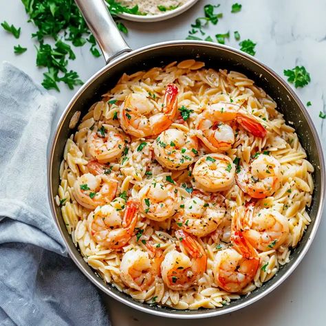 Shrimp Scampi With Orzo, Garlic Butter Shrimp Scampi, Shrimp Orzo, Orzo Recipe, Seafood Stock, 5 Ingredient Dinners, Steamed Asparagus, Orzo Recipes, Garlic Butter Shrimp