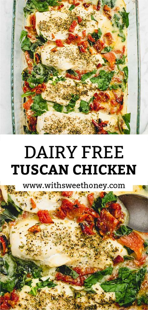 The boneless chicken breasts are baked in a creamy dairy free sauce with sun-dried tomatoes, basil and spinach. This is healthy comfort food to the max! This tuscan chicken dish is also dairy free, paleo, Whole30 and SCD friendly. Non Meat Dinners Healthy, Dairy Free Chicken Florentine, Low Carb Dairy Free Recipes Dinners, Cheap Healthy Meals Dairy Free, Almond Milk Chicken Recipes, Chicken Breast Recipes Dairy Free Gluten Free, Low Carb Chicken Recipes Dairy Free, Sugar Dairy Gluten Free Recipes, Gut Friendly Chicken Recipes