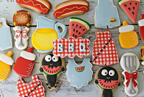 BaByQ Shower cookies #rockinghorsesugardecor #customdecoratedcookies #sugarcookies #decoratedsugarcookies #bbqccokies  #babyshowercookies… Blue Cookies Decorated, Baby Cookies Decorated, Babyque Shower, Babyq Shower, Baby Bbq, Cookies Summer, Baby Q Shower, Blue Cookies, Cake Decorating Piping