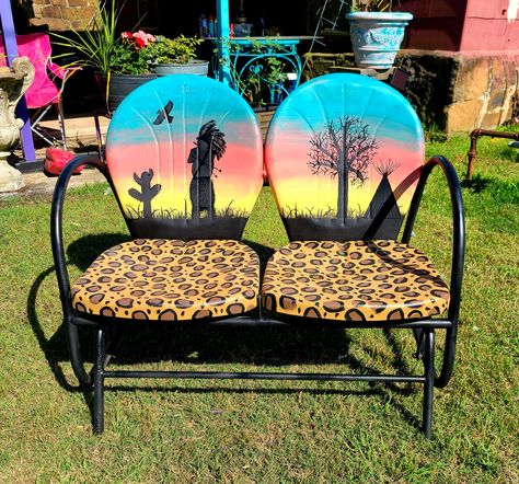 Painted Vintage Metal Lawn Chairs, Renewed Furniture, Painted Metal Chairs, Metal Lawn Chairs, Vintage Metal Chairs, Vintage Outdoor Furniture, Texas Decor, Metal Patio Furniture, Painted Chair