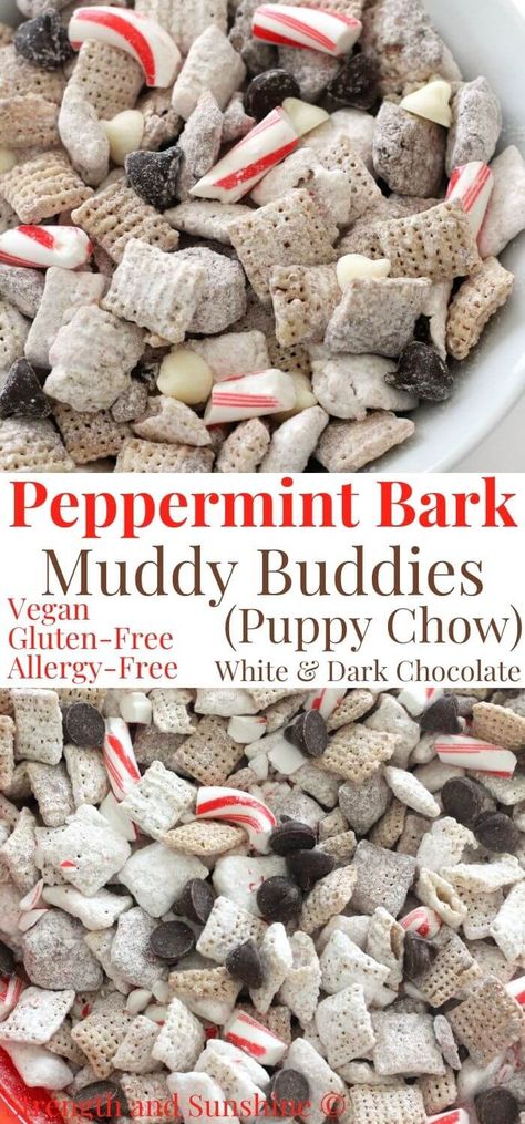 Peppermint Back Puppy Chow "Muddy Buddies" (Vegan, Gluten-Free, Allergy-Free) | Strength and Sunshine | Your favorite holiday treat in snack form! Peppermint Bark Puppy Chow "Muddy Buddies"! This vegan, gluten-free, nut-free, and allergy-free recipe uses dairy-free white chocolate and dark chocolate with crushed peppermint candy canes to transform plain Chex cereal into a perfect Christmas treat that's great for munching and gifting! #muddybuddies #puppychow #peppermintbark #christmas #nobake Peppermint Bark Puppy Chow, Desserts Nutella, Snack Christmas, Puppy Chow Recipe, Chow Recipe, Muddy Buddies Recipe, Butter Desserts, Smores Dessert, Puppy Chow Recipes