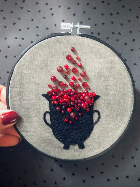 Sanguine Gothic Witch Cauldron Halloween Embroidered Art. Cute Halloween Embroidery, Witch Sewing Projects, Microbiology Embroidery, Embroidery Halloween Designs, Halloween Embroidery Patterns Free, Gothic Embroidery Patterns, Goth Sewing Projects, Witch Embroidery Ideas, Halloween Sewing Ideas