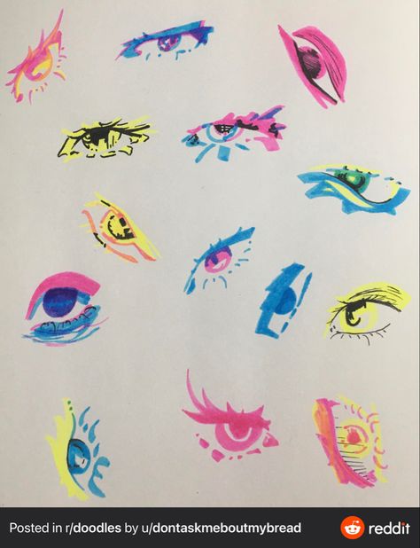 Doodles With Highlighters, How To Draw With Highlighters, Highliter Drawing, Eye Doodles, Highlighter Tips, Highlighter Art, Markers Drawing Ideas, Markers Drawing, Pen Doodles