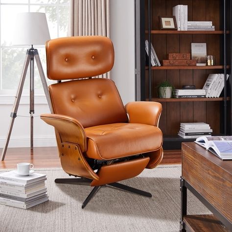 Art Leon Mid-century Modern Genuine Leather Lounge Chair Recliner - Bed Bath & Beyond - 37779909 Mid Century Office Ideas, Mid Century Modern Leather Chair, Mid Century Recliner, Mid Century Modern Recliner, Modern Recliner Chairs, Mid Century Modern Office, Mid Century Modern Lounge Chairs, Modern Recliner, Chair Recliner