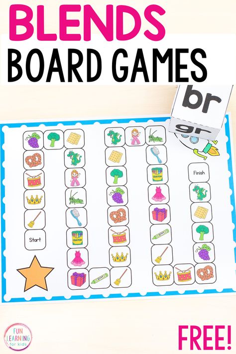 Free printable blends board game for literacy centers or small group instruction in first grade or second grade. Learn R-Blends, L-Blends, and S-Blends in a fun way! Phonics Blends Free Printables, Kindergarten Blends, R Blends Activities, Blends Kindergarten, Reading Lab, Free Phonics Activities, Sound Blending, Printable Board Game, Beginning Blends