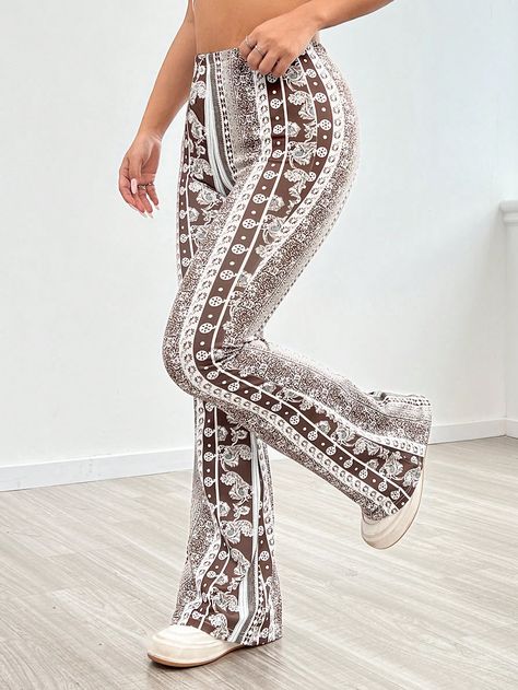 SHEIN PETITE Allover Print Flare Leg PantsI discovered amazing products on SHEIN.com, come check them out! Flare Leg Trousers, White Flare Pants, Paisley Pants, Velvet Flare Pants, Pleather Pants, Velvet Flares, White Flares, Floral Print Pants, Boho Fabric