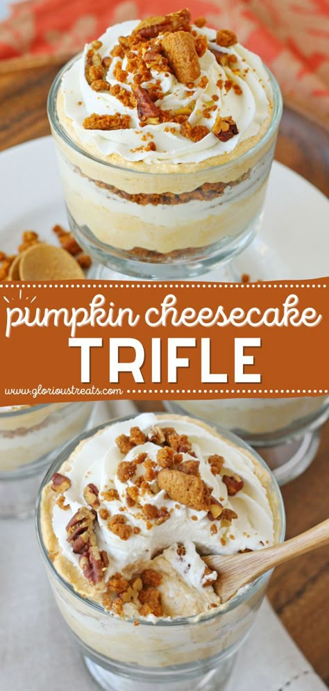 Pumpkin Cheesecake Trifle, fall desserts, pumpkin recipes, easy to make sweet treats Pumpkin Cake Trifle Desserts, Halloween Trifle Recipes, Mini Pumpkin Trifles, Pumpkin Cheesecake Trifle Recipe, Autumn Trifle Desserts, Pumpkin Triffle Recipe, Pumpkin Pie Trifle Recipes, Easy Pumpkin Trifle, Pumpkin Mousse Trifle