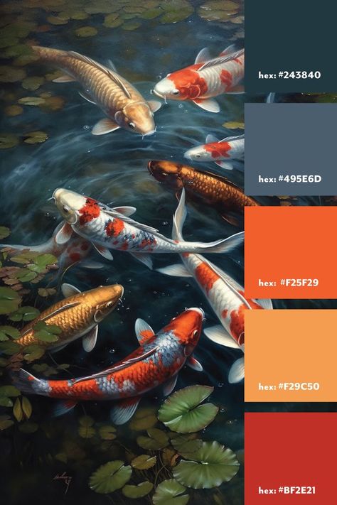 A blue grey and orange color palette from a photo of koi fish in a pond. Koi Fish In A Pond, Fish In A Pond, Koi Fish Colors, Orange Color Palette, Graphic Design School, Koi Art, Orange Color Palettes, Orange Fish, Japanese Fish