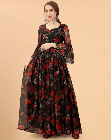 Indian Women Designer Georgette Floral Printed New Gown Dress with Bell Sleeves | eBay Gowns Dresses Indian, Black Pakistani Dress, Indian Dresses Online, Irish Dancing Dresses, Dresses By Pattern, Style Kurti, Kurti Dress, Dress With Bell Sleeves, Afghan Clothes