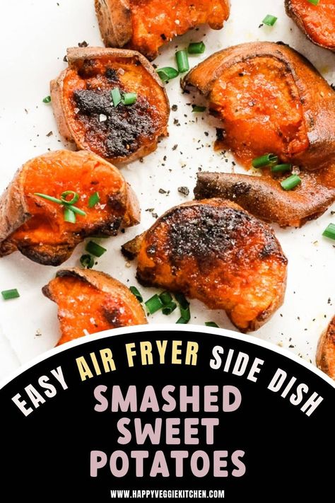 An EASY and delicious air fryer side dish, these smashed sweet potatoes are amazing, crispy melt in the mouth deliciousness! This might be my favorite air fryer veggie side dish yet! Smashed Sweet Potatoes Air Fryer, Sweet Potato Recipes Air Fryer, Sweet Potato Crisps, Smashed Sweet Potatoes, Veggie Side Dish, Glazed Sweet Potatoes, Crispy Sweet Potato, Smashed Potatoes, Veggie Side Dishes