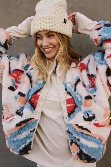 Hit The Slopes Printed Fleece Jacket | Free People Hit The Slopes Fleece Jacket, Patterned Fleece, Cute Summer Shirts, Free People Activewear, Casual Outfit Inspiration, Free People Jacket, Alt Fashion, New Tops, Fall Winter Outfits