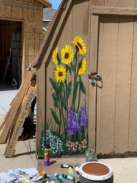 Flower Mural On Shed, Creative Shed Painting, Painted Gates And Fences, Shed Painting Ideas Flowers, Sunflower Fence Painting, Fun Shed Painting Ideas, Flowers Painted On Door, Sunflower Mural Wall Art, Mural On Shed