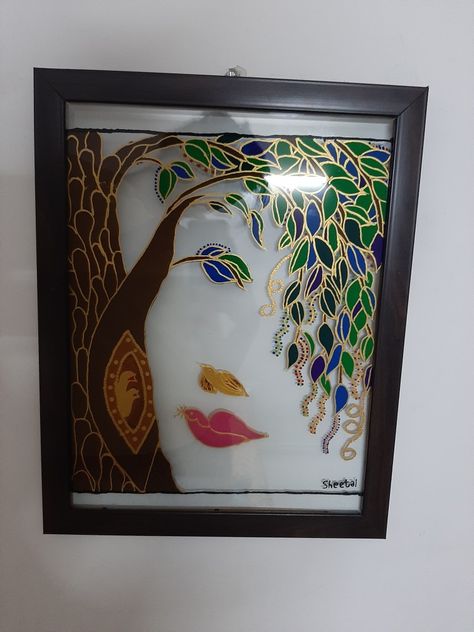 A painting made up on glass with glass and acrylic paint and 3d outliners. 3d Outliner Art, Cover Page For Project, Simple Paintings, Glass Painting Patterns, Glass Art Design, Glass Painting Designs, Glass Paint, Mirror Painting, Sketches Simple