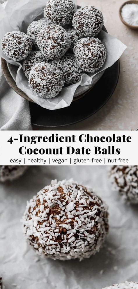 These 4-ingredient chocolate coconut date balls are such an easy, healthy make-ahead snack idea. Recipe is vegan, gluten-free, nut-free, and no-bake! #energyballs Energy Balls Nut Free, Coconut Date Balls, Date Energy Balls, Coconut Energy Balls, Vegan Energy Balls, Nut Free Snacks, Energy Balls Healthy, Date Balls, Snack Balls