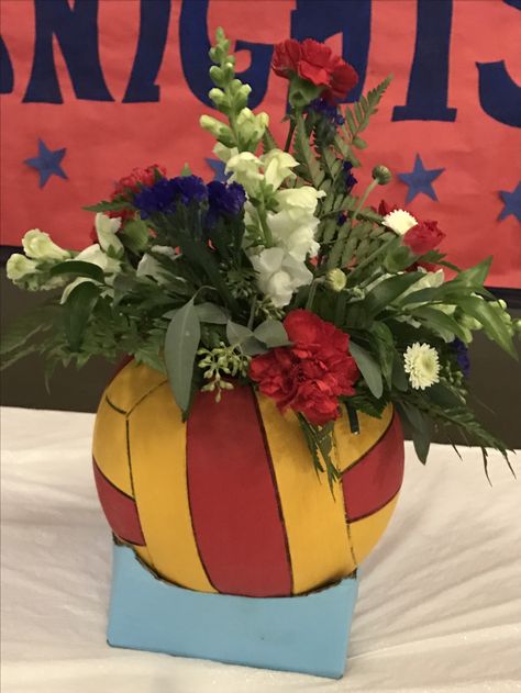 Water polo banquet centerpiece Water Polo Centerpieces, Water Polo Banquet Centerpieces, Swim Banquet Centerpieces, Water Polo Senior Night Gift Ideas, Water Polo Senior Night, Water Polo Decorations, Soccer Banquet, Banquet Centerpieces, Water Polo