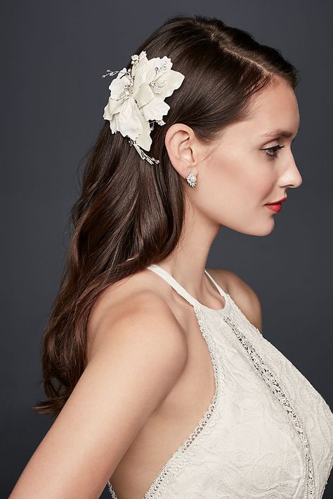 Faux-Leather Floral Clip with Crystals | David's Bridal Bridal Accessories Headpieces, Wedding Day Dresses, Makeup Bride, Wedding Day Tips, Black Bridal, Hair Flowers, Pearl Jewelry Wedding, Bride Earrings, Bridal Hairstyles