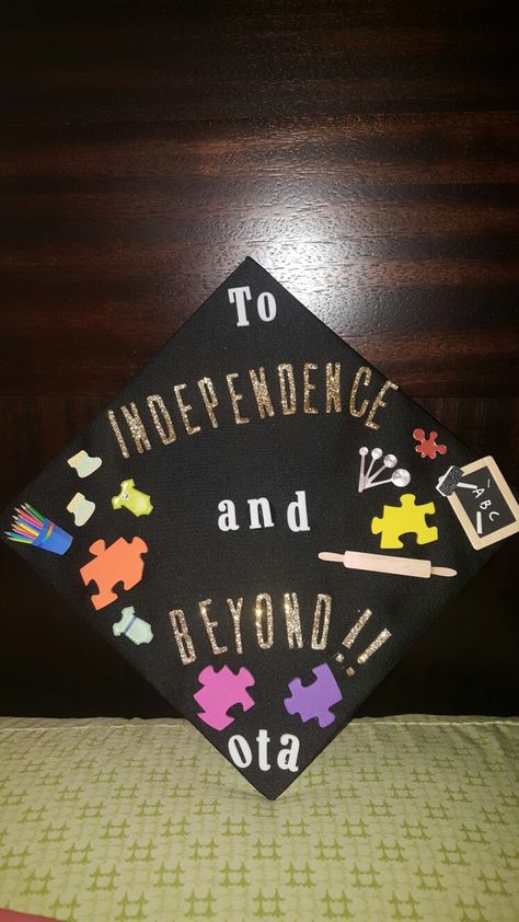 OTA Cap decoration Ota Graduation Cap, Recreational Therapy Graduation Cap, Ota Graduation Pictures, Occupational Therapy Grad Cap, Ota Graduation Cap Ideas, Occupational Therapy Cap Decoration, Aba Graduation Cap, Occupational Therapy Graduation Cap, Healthcare Tattoo