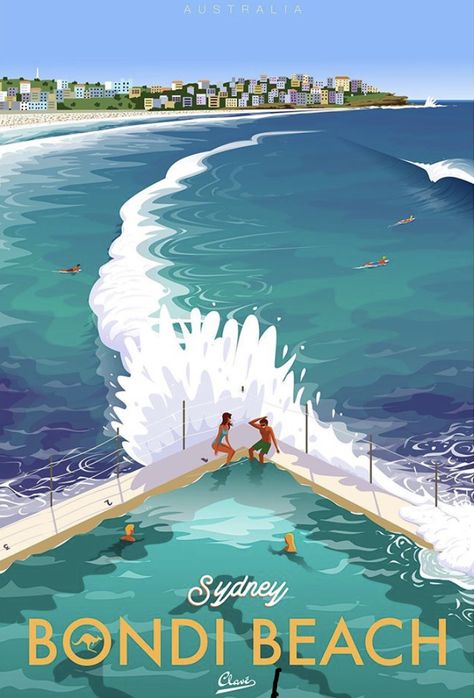 ~ Damien Clavé Ocean Posters, Palm Beach Sydney, Bondi Beach Australia, Posters Modern, Art Plage, Posters Australia, Bondi Beach Sydney, Surf Poster, Tourism Poster