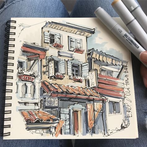 Marker Urban Sketch, Alcohol Markers Sketch, Color Markers Art, Pocket Sketchbook, Copic Marker Drawings, Architecture Drawing Sketchbooks, Travel Art Journal, City Sketch, Travel Sketchbook