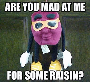 Are you mad at me for some raisin? Witty Memes, Punny Puns, You Mad, I Have No Friends, Funny People, Bones Funny, Reaction Pictures, Funny Cute, Raisin