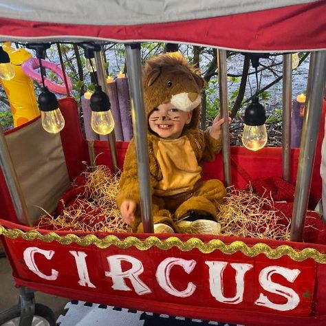 Halloween Circus Costume ideas The Lion, ringmaster, and clown oh my! Wagon decorated and props made this extra special. #Halloweencostume ideas #familycostumeideas #toddlercostumeideas #circuscostume #halloweencircuscostume #circusparty #circusideas #diyhalloween #halloweendecorationideas #circusdecorationideas #halloweenwagonideas #decoratedwagon #halloween #halloweencostumes #familycostumes Family Circus Costumes, Circus Costume Ideas, Circus Family Costume, Stroller Halloween Costumes, Wagon Halloween Costumes, Circus Halloween Costumes, Circus Ringmaster, Halloween Circus, Circus Costumes