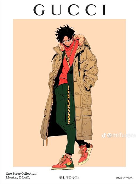 Luffy Gucci, One Piece Fashion Anime, Luffy Inspired Outfit, Luffy Streetwear, One Piece Inspired Outfits, One Piece Character Design, Luffy Outfits, Modern One Piece, One Piece Outfits