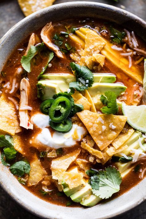 Crockpot Spicy Chicken Tortilla Soup | halfbakedharvest.com @hbharvest Spicy Chicken Tortilla Soup, Souper Bowl, Chicken Tortilla Soup Easy, Half Baked Harvest Recipes, Harvest Recipes, Healthy Slow Cooker, Slow Cooker Recipes Healthy, Half Baked, Chicken Tortilla Soup