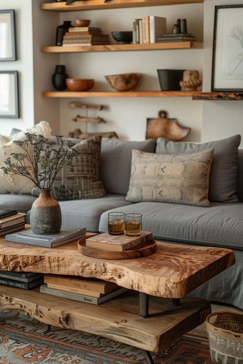 Grey Couch With Wood Coffee Table, Grey Couch And Wood Living Room, Two Toned Couch, Modern Farmhouse Grey Couch Living Room, Small Living Room Natural Colors, Grey And Wood Furniture, Gray And Earth Tone Living Room, Wooden Table Design For Living Room, Styling Gray Couch