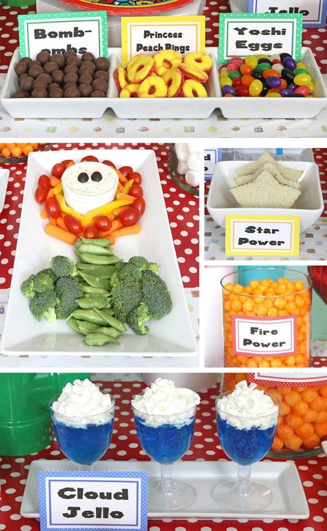 Super Mario Bros Party Ideas Super Mario Punch Drink, Super Mario Bros Dessert Ideas, Simple Mario Party, Super Mario Themed Snacks, Mario Bros Dessert Table, Mario Birthday Food Ideas, Mario Bros Party Food, Mario Baby Shower Ideas, Super Mario Food Ideas