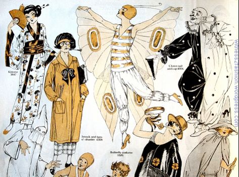 Butterick costume patterns, Delineator, November 1924. (The magazine would have come out in October.) 1920s Halloween Costume, October Illustration, Butterfly Costumes, Pierrot Costume, Interesting Poses, 1920s Halloween, Halloween Costume Patterns, Old Halloween Costumes, Costume Illustration