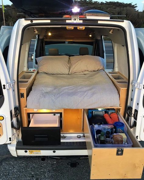 Perfect for a van life adventure travel. #vanlife. There are cheap build ideas for a tiny space. Storage hacks. Love the tiny kitchen and bathroom. Amazing Ford Transit Connect camper van conversion! Love the layout of this small, compact DIY campervan. Vanlife Small Van, Tiny Van Conversion Ideas Layout, Van Life Cheap, Small Van Build Layout, Van Build Storage, Camper Van Storage Ideas Small Spaces, Cheap Camper Van Conversion, Small Van Camper Conversion, Vanlife Storage Hacks