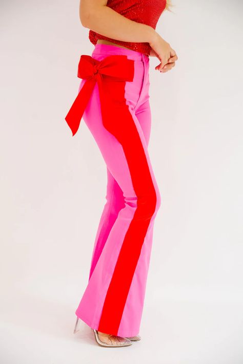 HOLIDAY SEASON PINK FLARES | Judith March Pink Stretch Pants For Party, Playful Red Bottoms For Spring, Pink Flare Pants For Party, Red Flare Pants For Party, Chic Holiday Pants, Chic Pink Flare Pants, Funky Pants Outfits, Barbie Looks Outfits, Clothing Photoshoot Ideas Products