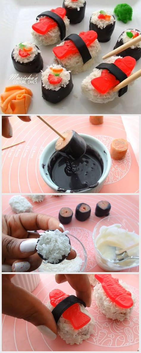 Food Imposters Desserts, Imposter Cake Ideas, Bbq Themed Desserts, Rice Krispie Sushi, Sushi Candy Diy, Sushi Cupcakes Ideas, Sushi Dessert Ideas, Sushi Roll Cake, Imposter Desserts