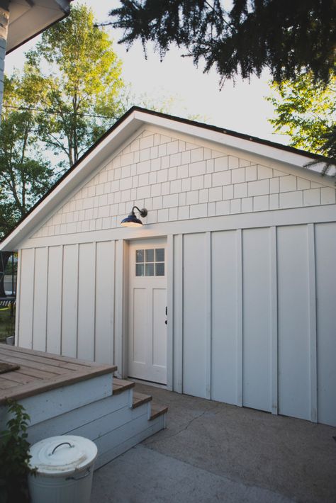 Board And Batten Siding And Cedar Shakes, Board And Batten Shingle Siding, Shingles With Board And Batten, Board And Batten Siding With Shingles, Shake Cottage Exterior, Board And Batten Bungalow Exterior, White Board And Batten Exterior With Cedar Shakes, Board And Batten Garage Door, Board And Batten And Shingle Exterior