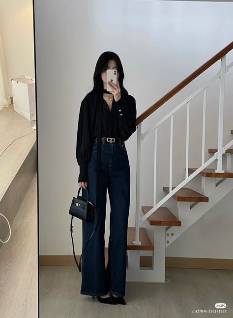 Smart Casual Black Outfit Women, Casual Formal Korean Outfit, Neat Dress Outfit, Pastel Elegant Outfit, Work Korean Outfit, Businnes Woman Outfits Casual, Korean Style Work Outfit, Semi Formal Jeans Outfit, Korean Work Outfits Women