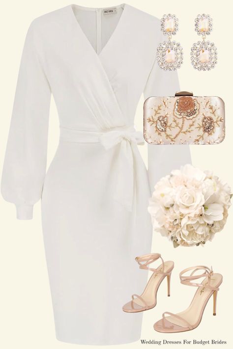 Fall wedding, city hall wedding dress, champagne clutch, neutral heels City Hall Wedding Dress, White Pencil Dress, Dress And Accessories, Neutral Accessories, White Cocktail, Bridal Jumpsuit, Long Sleeve Cocktail Dress, City Hall Wedding, White Cocktail Dress