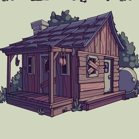 Cabin In The Woods Concept Art, Wood Cabin Illustration, Cartoon Houses Illustration, Wood House Drawing, Cabin Concept Art, Cabin In The Woods Drawing, Cabin Reference, Woods Drawing, House Concept Art