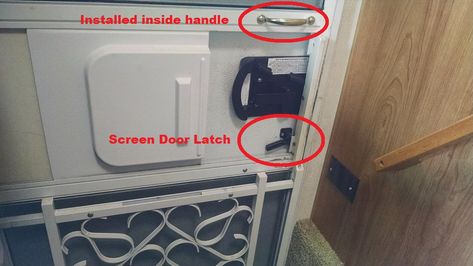 Modify Screen Door to a magnetic catch – 2001 Coachmen Mirada 300QB Screen Door Repair, Rv Screen Door, Screen Door Handles, Glamper Camper, Screen Door Latch, Rv Interior Remodel, Door Grill, Rv Maintenance, Diy Rv