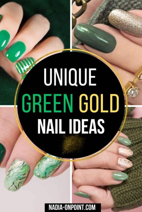 Olive And Gold Nails, Green Gold Nails Ideas, Green Nails With Gold Glitter, Emerald Nails Designs, Green Gold Nails, Gold Nails Ideas, Gold Nails Design, Matte Green Nails, Emerald Nails