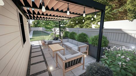 Our Yardzen backyard design plan Chicago Backyard, Backyard Design Plans, Villa Landscape, Modern Backyard Design, Aesthetic Plant, Backyard Layout, Louvered Pergola, Backyard Design Layout, Backyard Plan