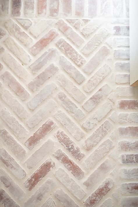 Brick paver floors in the powder room - my favorite detail! Brick Paver Laundry Room, Brick Pavers In Bathroom, Brick Paver Bathroom Floors, Brick Pavers Bathroom Floor, Brick Linoleum Flooring, Chevron Brick Floor, Rushmore Brick Floor, Brick Paver Flooring, Brick Tiles Floor