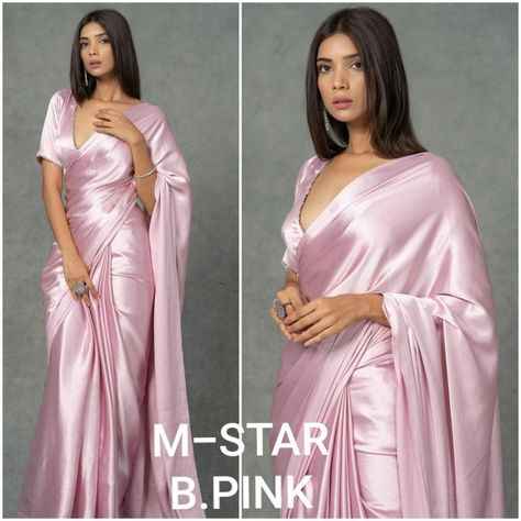 Satinsaree pastel saree, simple saree Satin Blouse For Saree, Simple Elegant Saree For Farewell, Satin Blouse Designs For Saree, Satin Indian Outfit, Satin Saree Blouse Designs, Satin Saree Look, Satin Blouse Designs, Lilac Saree, Normal Blouse Designs