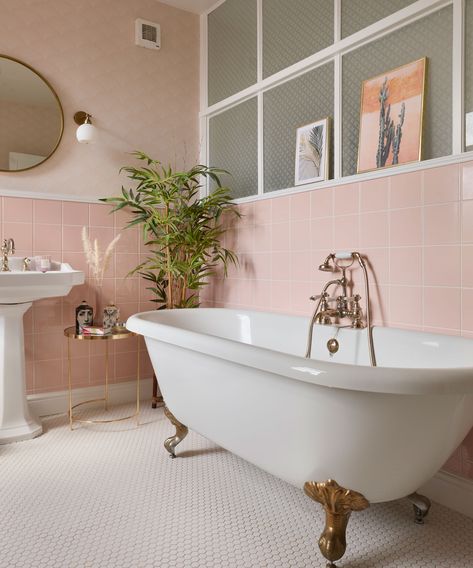 Makeup guru's renovated home is a maximalist’s dream | Real Homes Vintage Pink Tile Bathroom, Metro Tiles Bathroom, Pink Tile Bathroom, Pink Bathroom Tiles, Pink Bathtub, Pink Ceiling, Rose Shower Curtain, Pink Bathroom Decor, Pink Showers