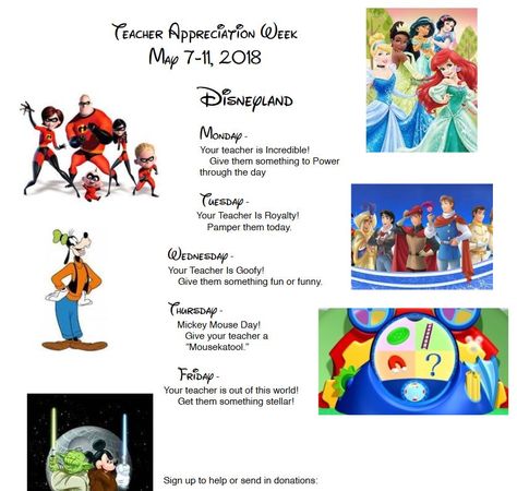 Disneyland Themed Teacher Appreciation Week Room Mom Teacher Appreciation Ideas, Disney Teacher Appreciation, Appreciation Week Themes, Dsp Week, Teacher Appreciation Week Quotes, Preschool Teacher Appreciation, Teacher Appreciation Week Themes, High Funny, Teacher Appreciation Themes