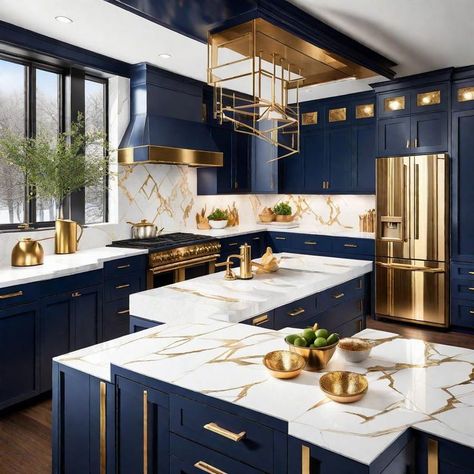 Blue And Gold Laundry Room, Modern Kitchen Blue Cabinets, Blue And Gold Kitchen Decor, Gold Kitchen Decor Ideas, Kitchen Design Elegant, Blue And Gold Kitchen, Kitchen Countertops And Backsplash, Gold Kitchen Hardware, Countertops And Backsplash