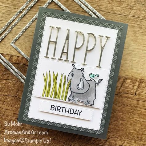 Rhino Ready Birthday Card - Aromas and Art Rhino Ready, Party Blowers, Boy Cards, Birthday Cards For Her, Animal Cards, Layout Inspiration, Ink Pad, Ink Pads, Stamping Up