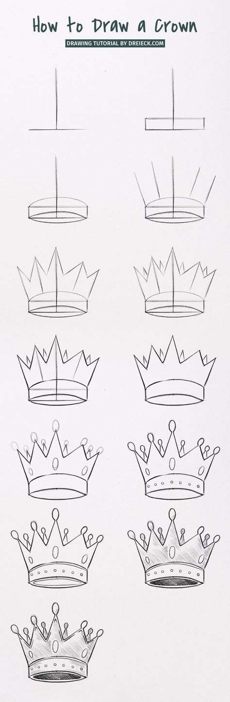 We want to draw a crown! The desired object is a shining king’s crown. Today I’ll show you the best way to draw this kind of crown and I will guide you through the process based on a simple technique. I’ll demonstrate all the drawing steps for you. Prepare your pencil right now! Crown Step By Step Drawing, Crown Drawing Tutorial, Easy Crown Drawing Step By Step, Tiara Drawing Reference, How To Draw A Crown Step By Step, King Throne Drawing, Crown Reference Drawing, King Drawing Reference, How To Draw A Crown