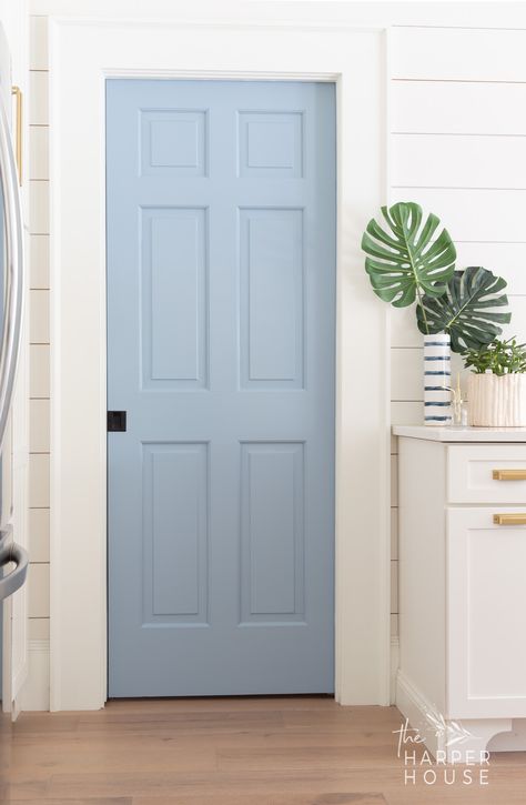 blue pantry door in modern farmhouse, see the full laundry room makeover and all paint colors and shopping sources on the blog! #coastaldecor #modernfarmhouse #fixerupper #mudroom Interior Door Blue, Room Door Painting Ideas, Colorful Interior Doors, Room Door Color, Blue Doors Interior, Blue Pantry Door, Colorful Doors Interior, Blue Pantry, Interior Door Paint Colors