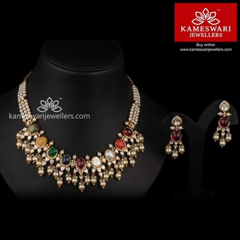 Ruby Necklace Designs, Vintage Indian Jewelry, Polki Necklace Set, Kameswari Jewellers, Beautiful Diamond Earrings, Gold Temple Jewellery, Antique Gold Jewelry Indian, Diamond Pendants Designs, Indian Bridal Jewelry Sets